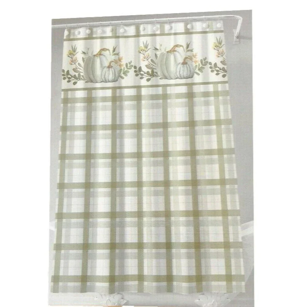 Thanksgiving Pumpkins Plaid Shower Curtain Cloth Fabric Green White 72x72
